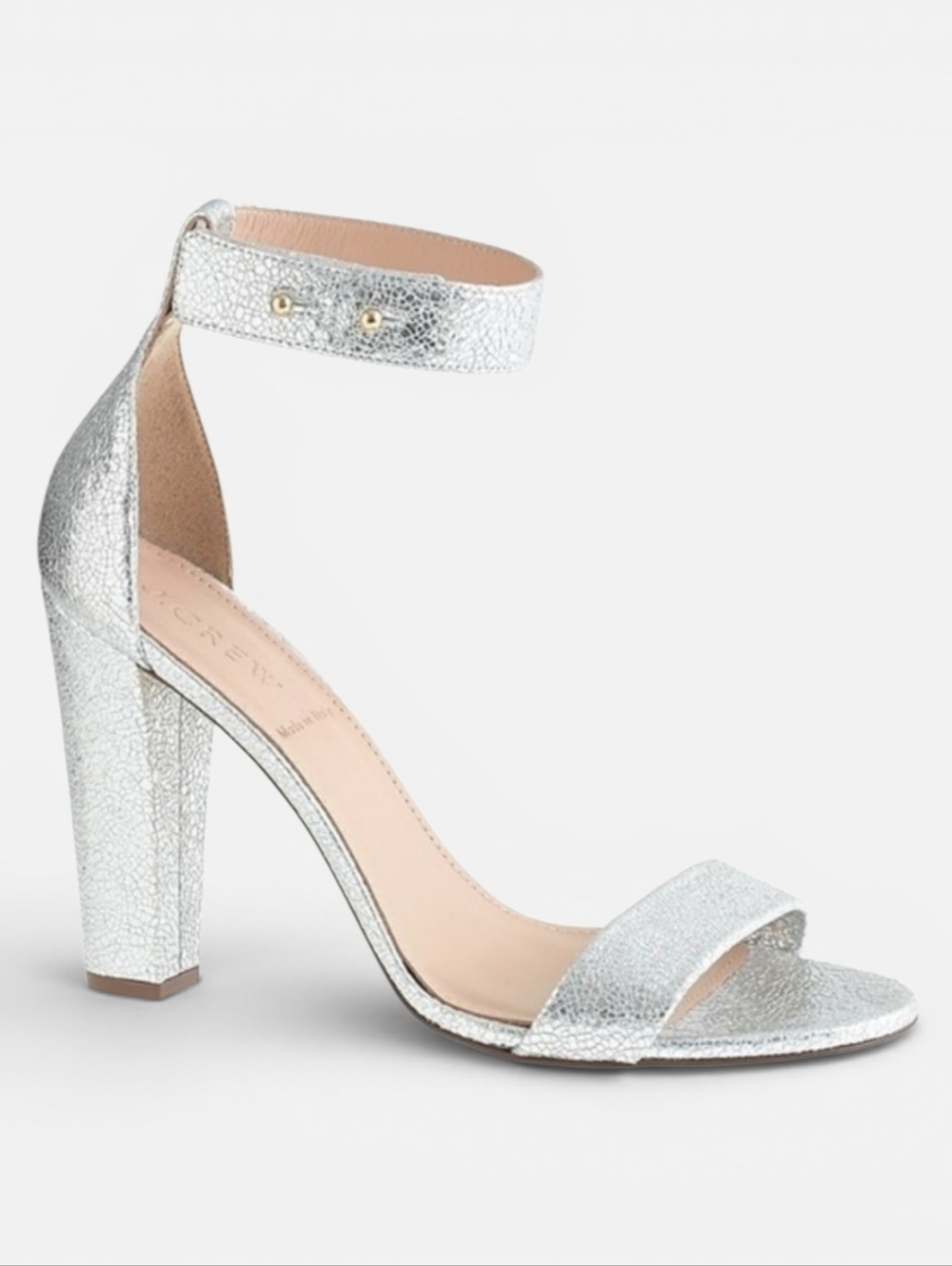 J. Crew Lanie Silver Crackle Heels Ankle Strap Open Toe Metallic Leather 9.5